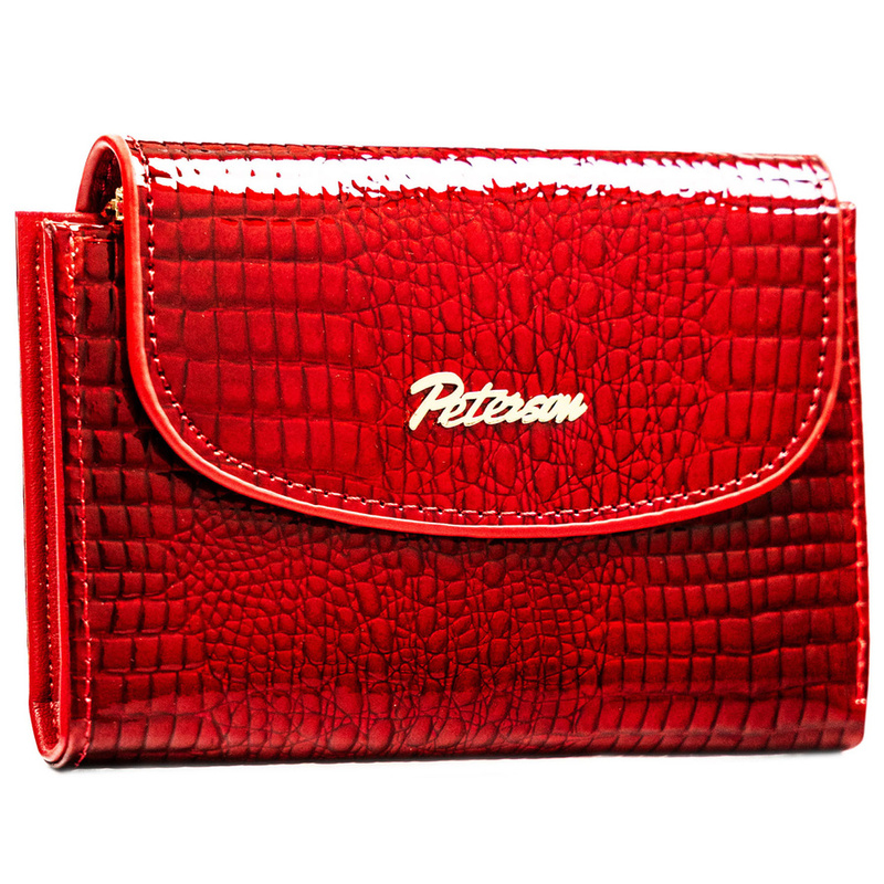 Poziomy, czerwony portfel damski ze skóry ekologicznej z tłoczeniem na wzór skóry krokodyla - Peterson