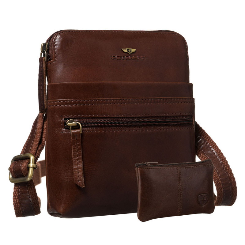 Mała, skórzana listonoszka męska w brązowym kolorze zamykana suwakiem - Peterson