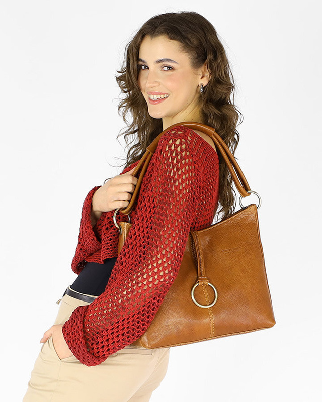 Klasyczna torba skórzana na ramię premium leather - MARCO MAZZINI brąz camel