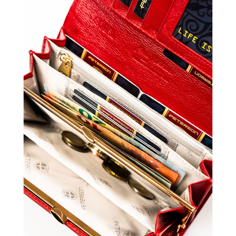 Czerwony, duzy portfel damski ze skóry ekologicznej i naturalnej w cętki, zamykany zatrzaskiem - Peterson