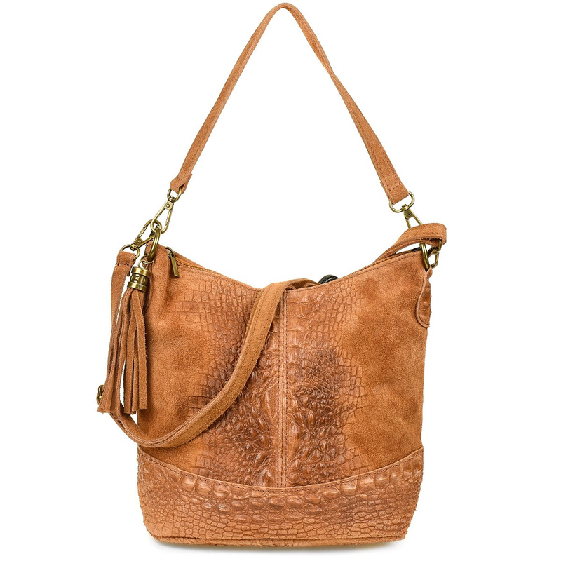 Torebka skórzana zamszowa CROCO listonoszka 2 paski camel Beltimore W13