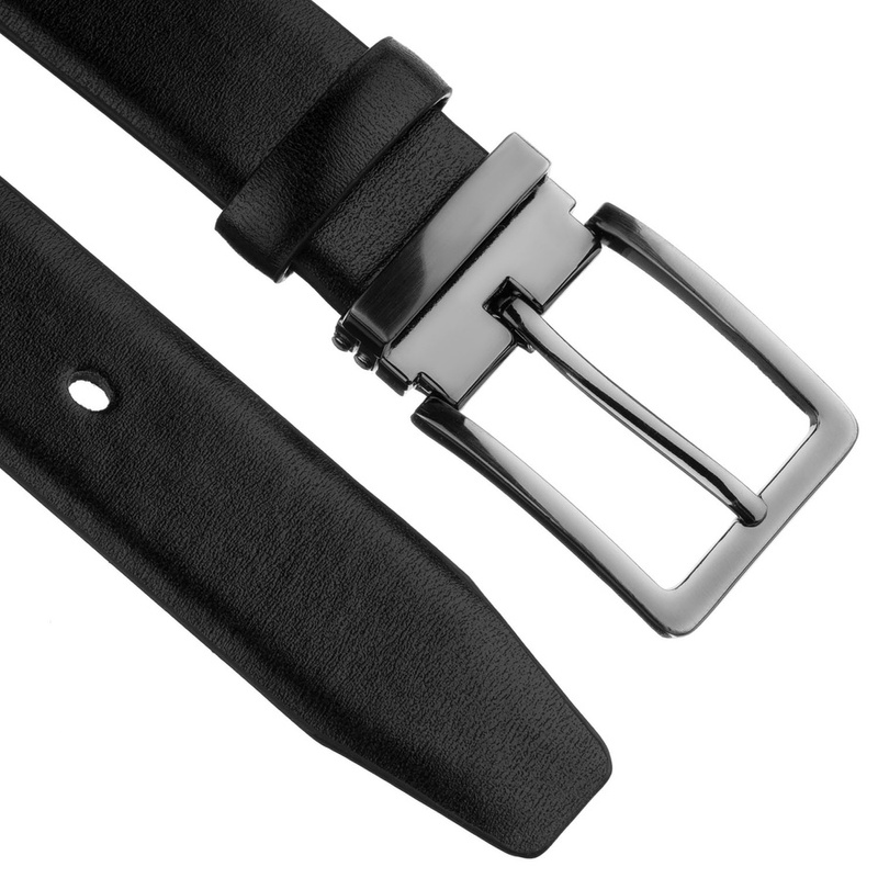 Szeroki, czarny pasek męski ze skóry ekologicznej ze srebrną, klasyczną klamrą
