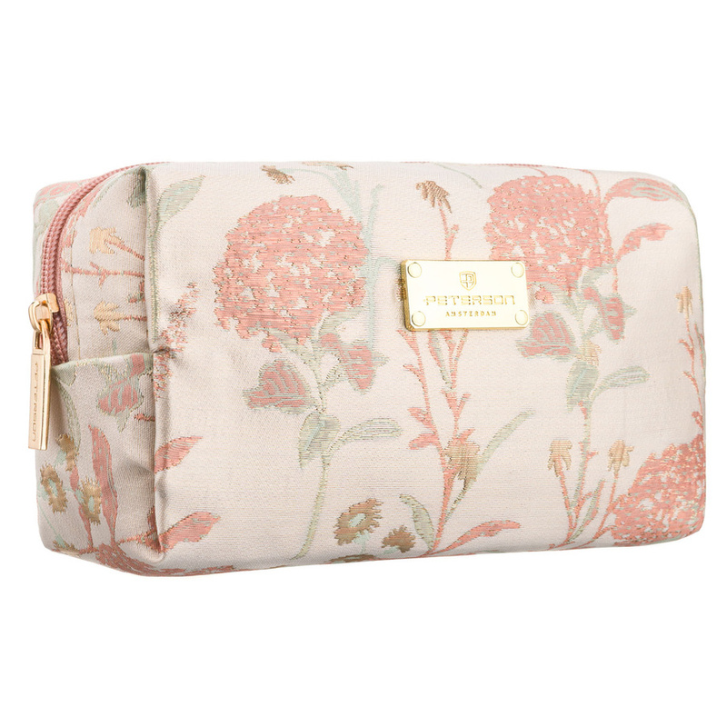 Różowa kosmetyczka z poliestru, jednokomorowa i ozdobiona kwiatowym wzorem - Peterson