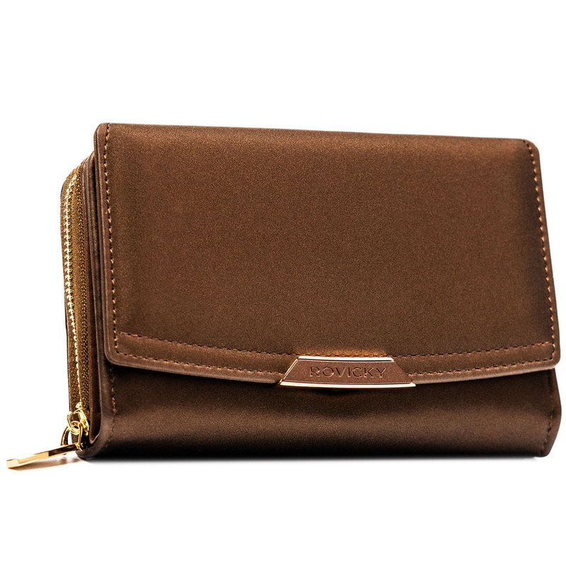 Brązowy portfel damski ze skóry ekologicznej wyposażony w system RFID - Rovicky
