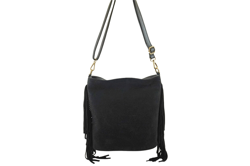 Zamszowa torebka boho z frędzlami - Czarna