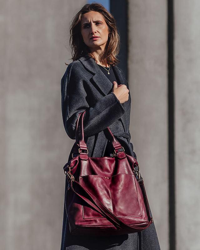 Torebka skórzana XL shopper vintage bag z kieszeniami vera pelle - MARCO MAZZINI burgund