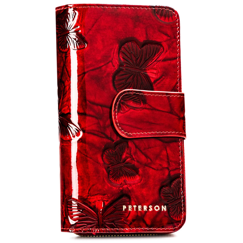 Pionowy portfel damski ze skóry naturalnej w czerwonym kolorze zamykany na zatrzask i suwak - Peterson