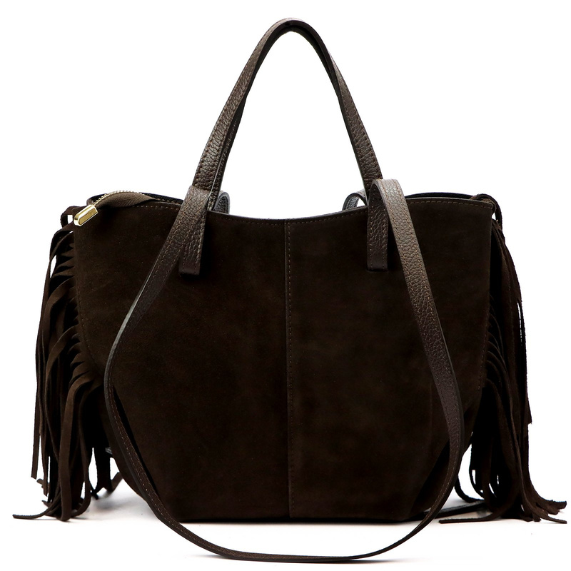 Vera Pelle damska shopperbag zamszowa torebka na ramię z frędzlami