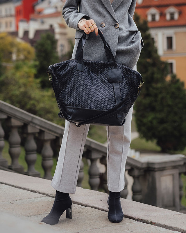 Czarna torebka pleciona shopper A4 z miękkiej włoskiej skóry Marco Mazzini