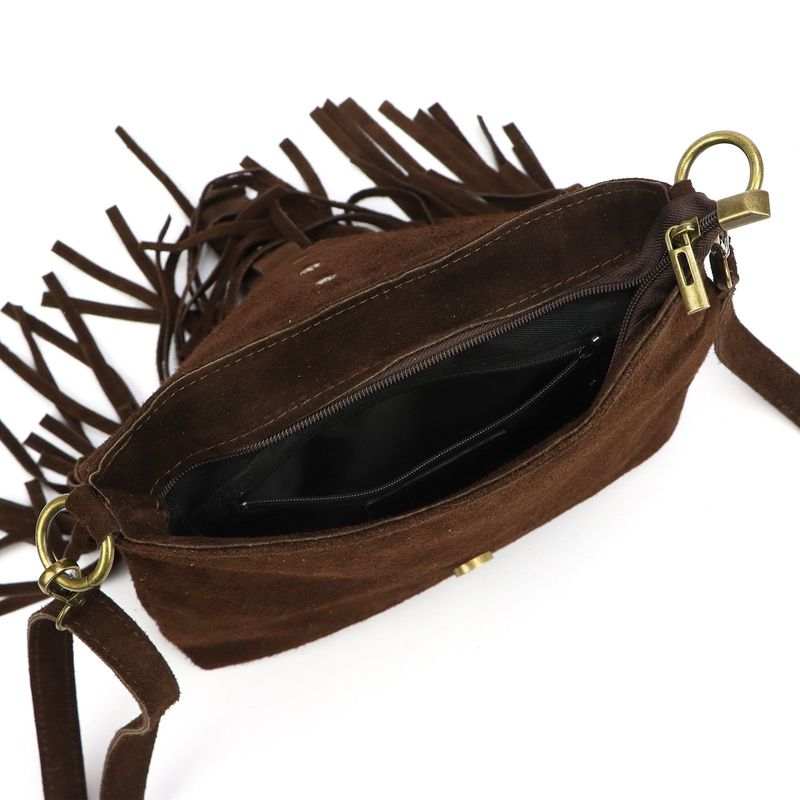 Boho damska listonoszka skórzana zamszowa z frędzlami i kieszenią Luka