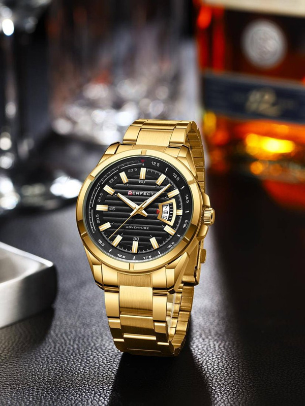 Złoty zegarek męski bransoleta duży solidny Perfect M102