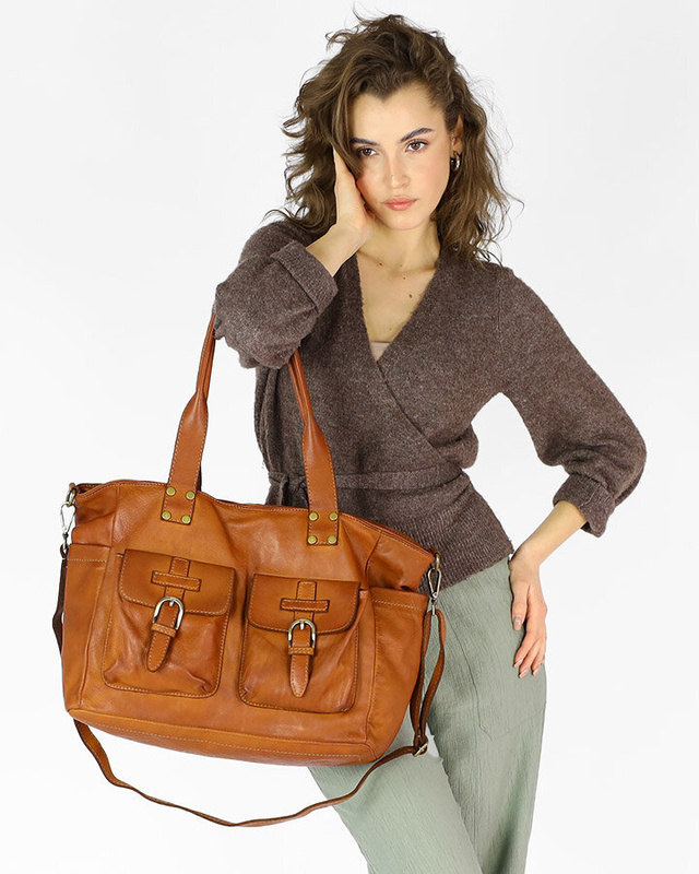 Torba skórzana shopper XL na ramię z dwoma kieszeniami MARCO MAZZINI brąz camel
