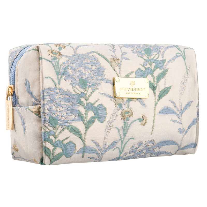 Kosmetyczka z poliestru w błękitnym kolorze, jednokomorowa i ozdobiona kwiatowym wzorem - Peterson
