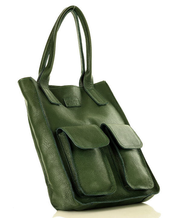 Torebka skórzany shopper bag z kieszeniami - MARCO MAZZINI Ravenna ciemny zielony
