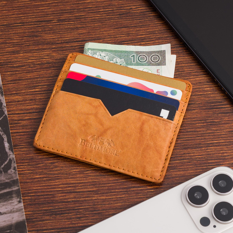 Etui na dokumenty karty wizytówki skórzane slim portfel kamelowe Beltimore E49