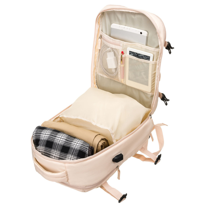 Plecak podróżny z portem USB wykonany z poliestru w beżowym kolorze - Peterson