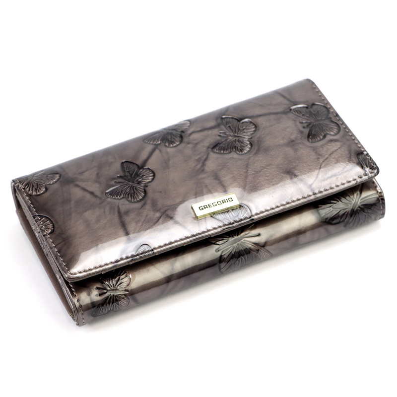 Gregorio damski portfel podłużny skóra naturalna wzór motyle lakierowana