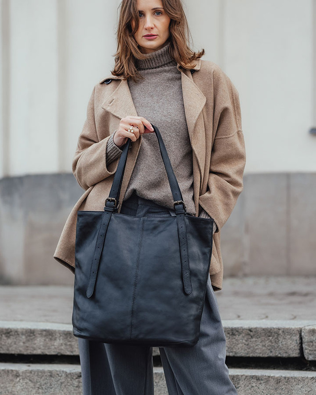 Torebka damska shopper z regulacją rączek skóra old pelle - MARCO MAZZINI czarny