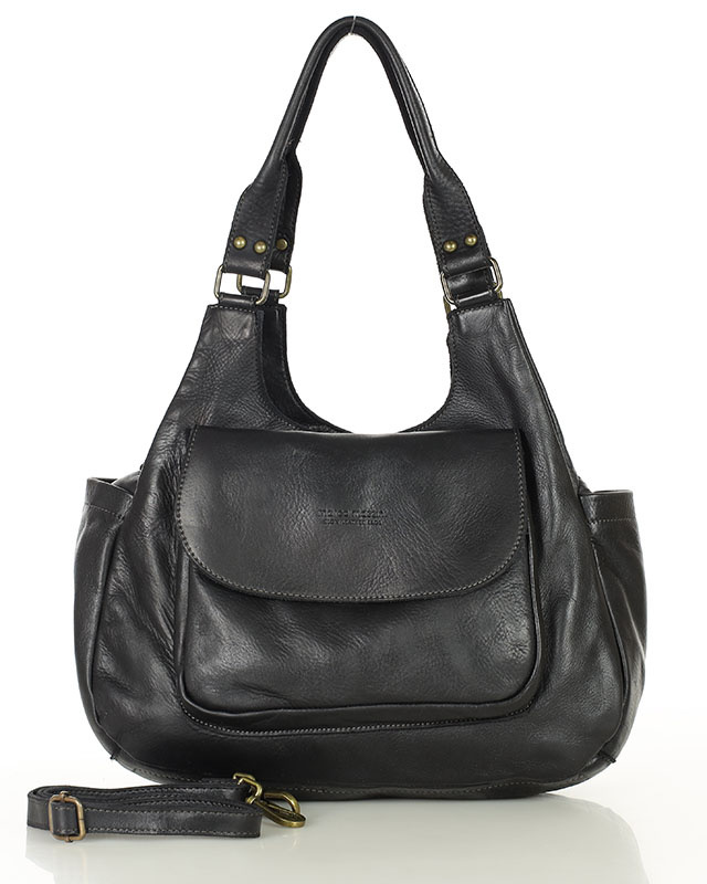 Włoska torebka skórzana z kieszenią z przodu retro bag handmade - MARCO MAZZINI czarny