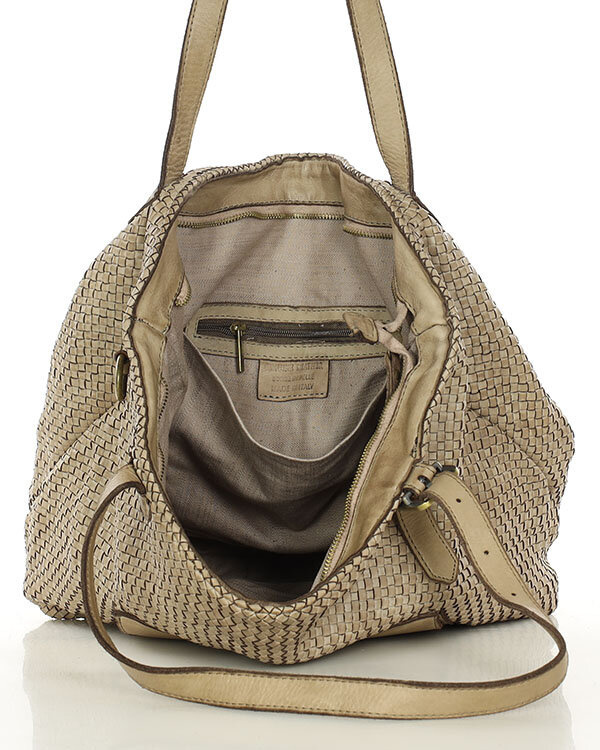 Duża torebka pleciona na ramię shopperka skórzana - MARCO MAZZINI beżowa