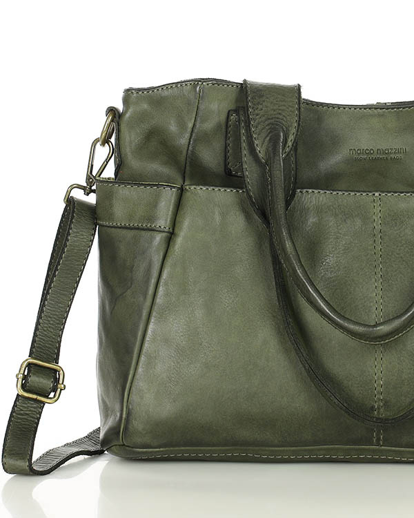Torebka damska skórzana z kieszeniami na zewnątrz - MARCO MAZZINI zielona