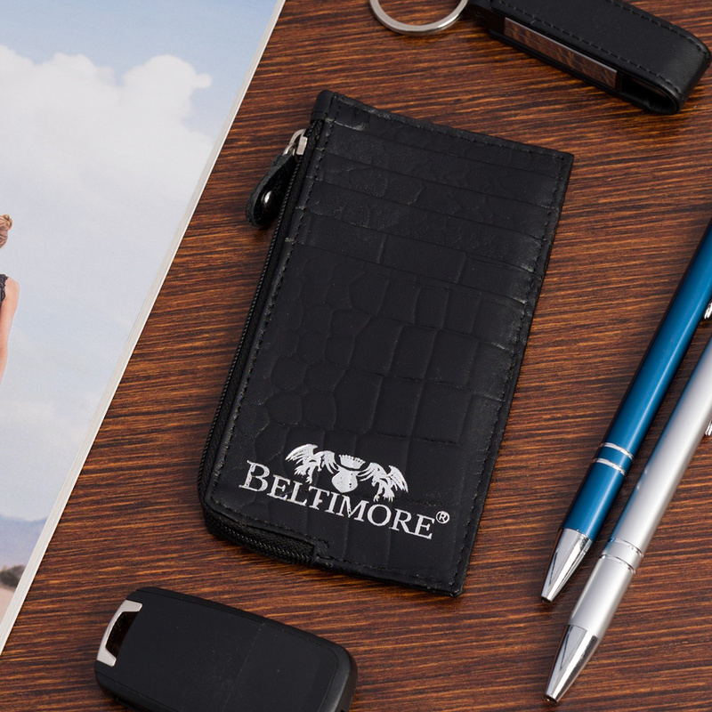 Etui na dokumenty karty czarne skórzane skóra croco slim Beltimore J06