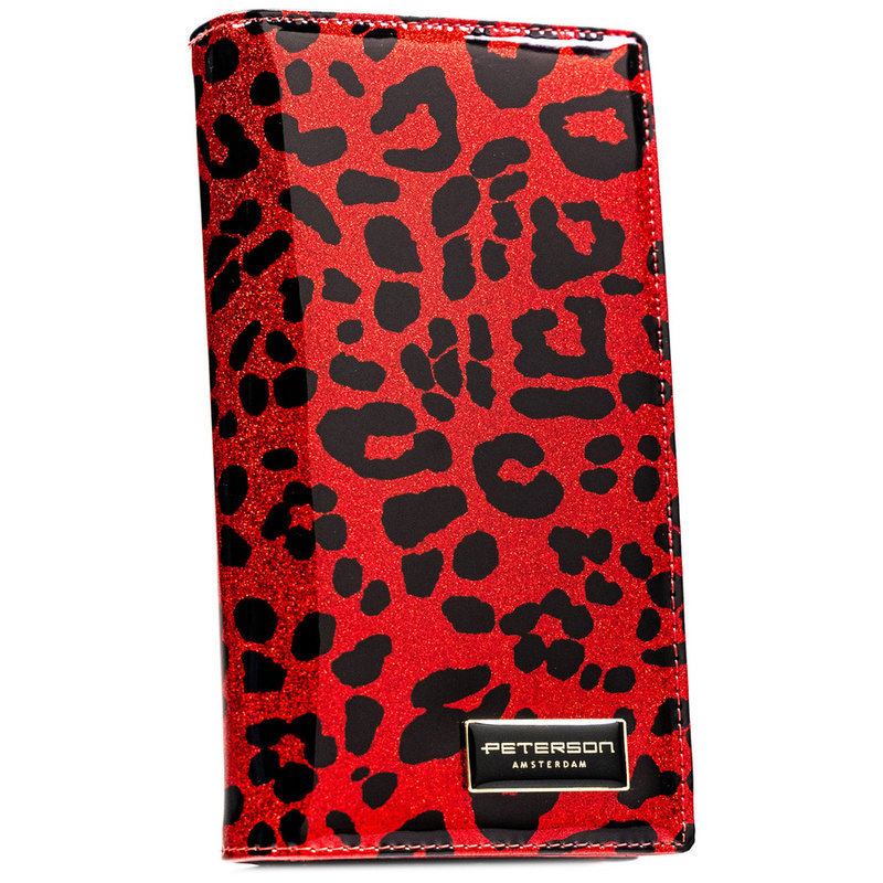 Duży, czerwony, pionowy portfel damski ze skóry ekologicznej i naturalnej w cętki zamykany magnesem - Peterson