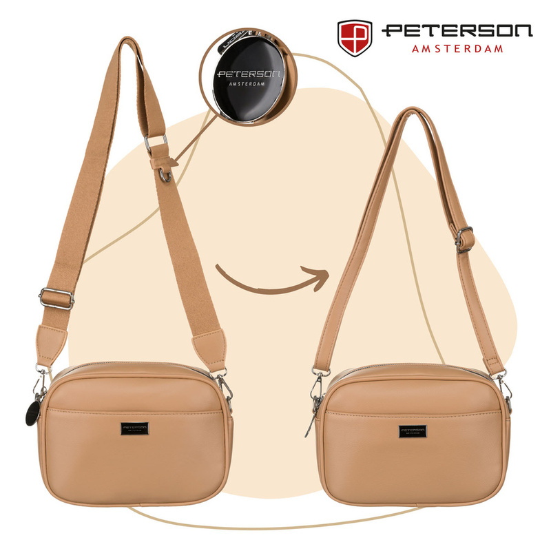 Miejska, beżowa listonoszka damska ze skóry ekologicznej w komplecie dwa paski na ramię crossbody Peterson
