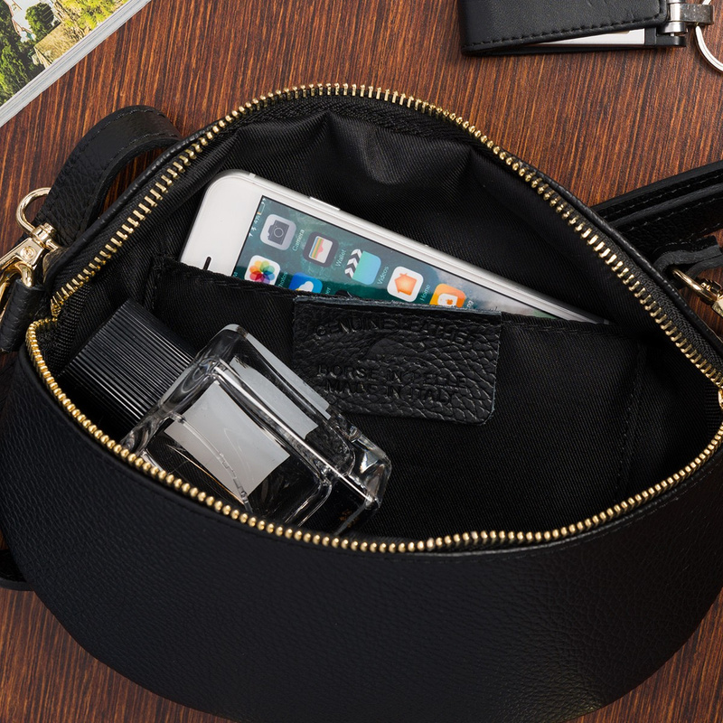 Damska Skórzana Włoska Saszetka Nerka na pasek czarna złoty suwak B68