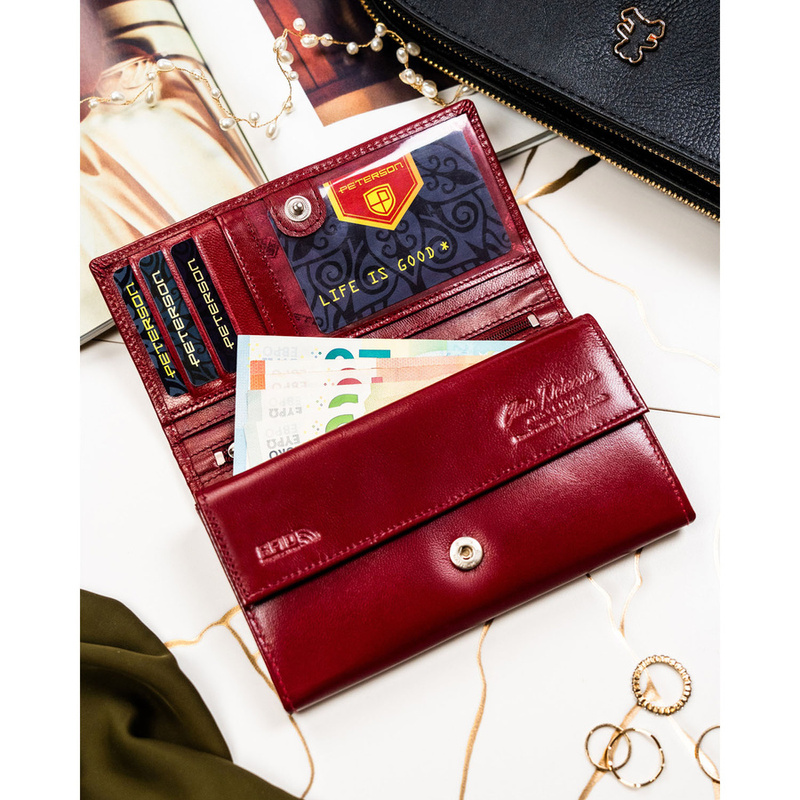 Duży, skórzany portfel damski w czerwonym kolorze z systemem RFID - Peterson