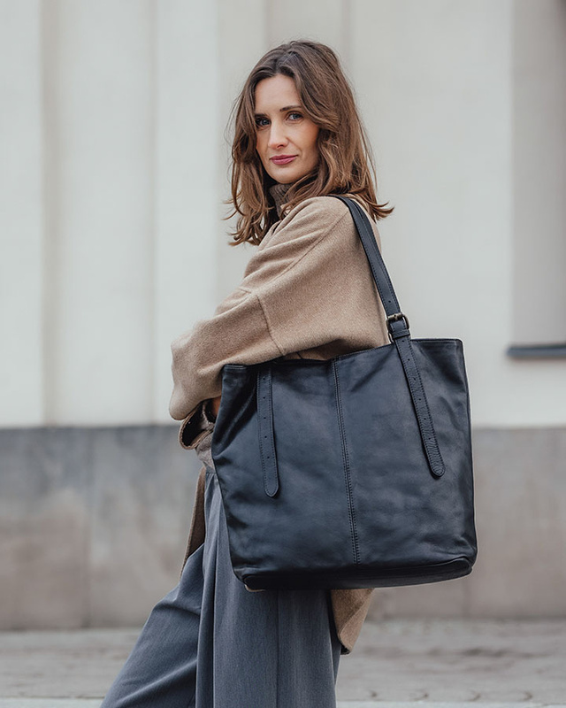 Torebka damska shopper z regulacją rączek skóra old pelle - MARCO MAZZINI czarny