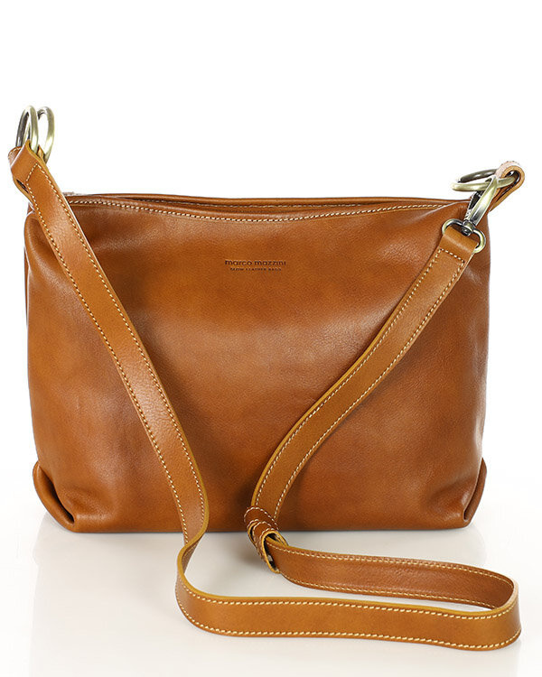 Luksusowa torebka skórzana na długim pasku z regulacją - MARCO MAZZINI camelowa