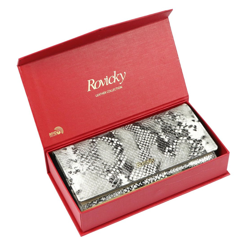 Rovicky skórzany damski portfel podłużny duży wzór skóra węża system RFID