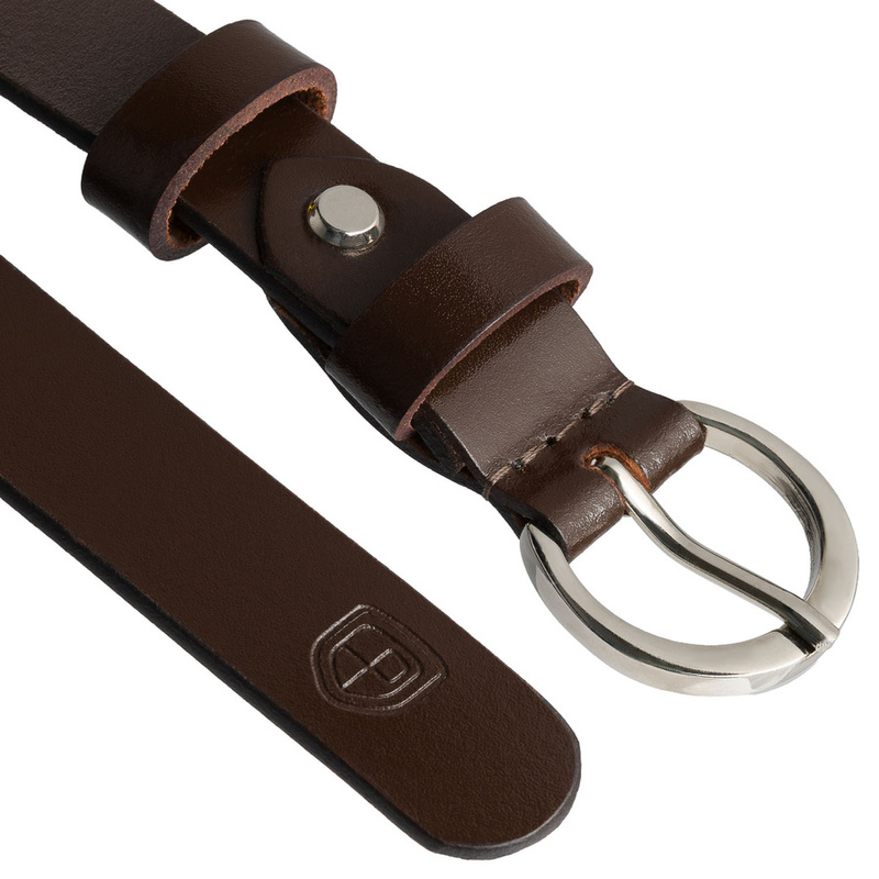 Skórzany pasek damski w brązowym kolorze ze srebrną, klasyczną klamrą - Peterson