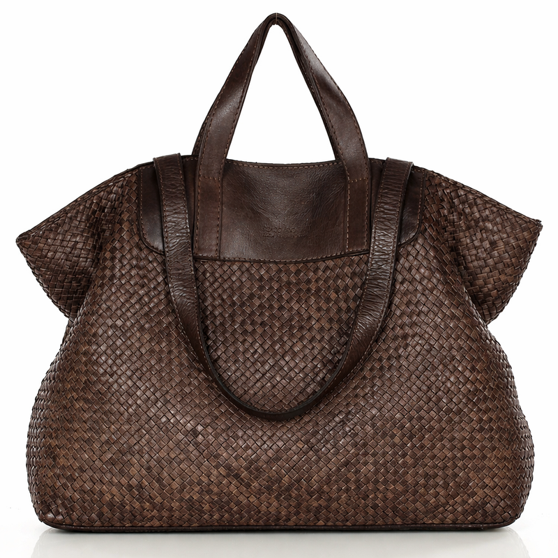 Torba damska pleciona shopper & shoulder leather bag - MAZZINI brąz caffe