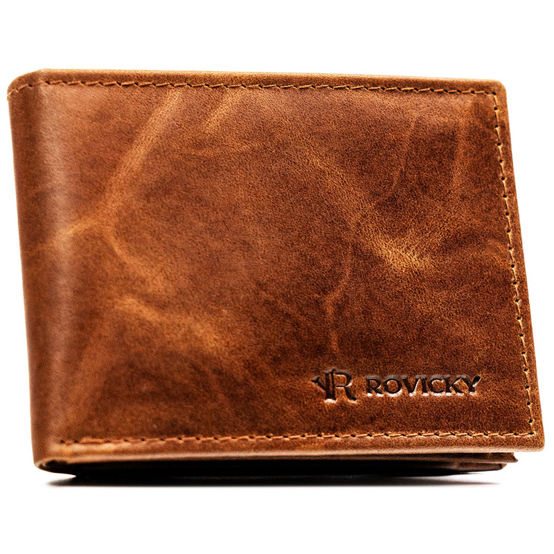 Skórzany portfel męski w brązowym kolorze bez zapięcia zewnętrznego - Rovicky