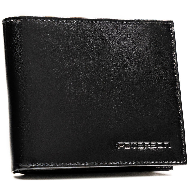 Portfel męski ze skóry naturalnej w czarnym kolorze wyposażony w system RFID, w zestawie z brelokiem - Peterson