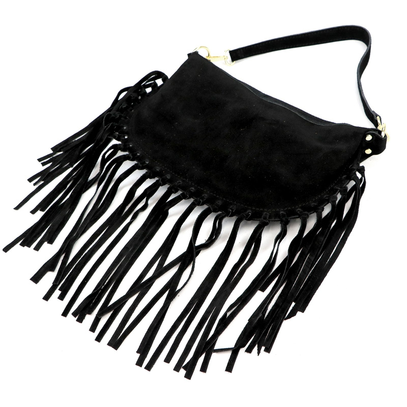 Luka Zamszowa damska listonoszka skórzana z frędzlami torebka na ramię