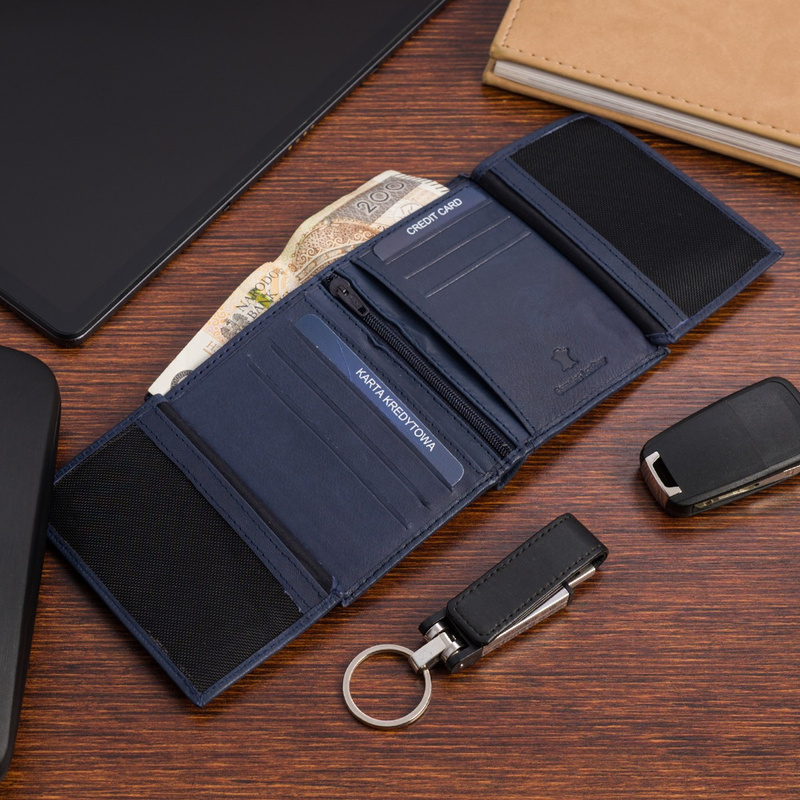 Portfel skórzany męski mały pionowy z flagą granatowy RFiD Beltimore D48