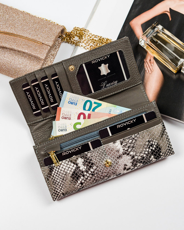 Rovicky skórzany damski portfel podłużny duży wzór skóra węża system RFID