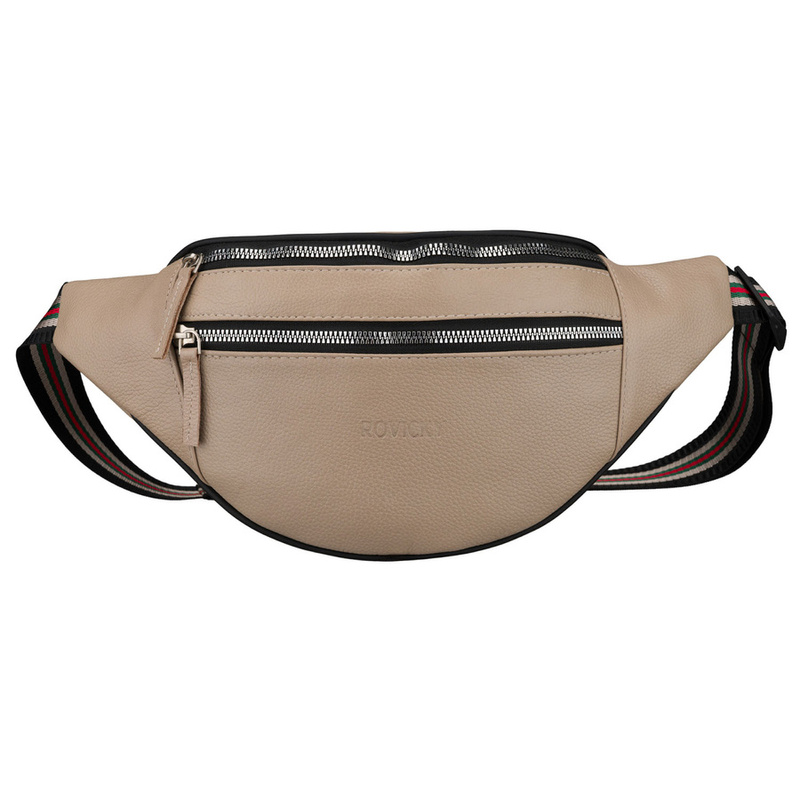 Skórzana saszetka damska w beżowym kolorze, jednokomorowa i zamykana na suwak - Rovicky