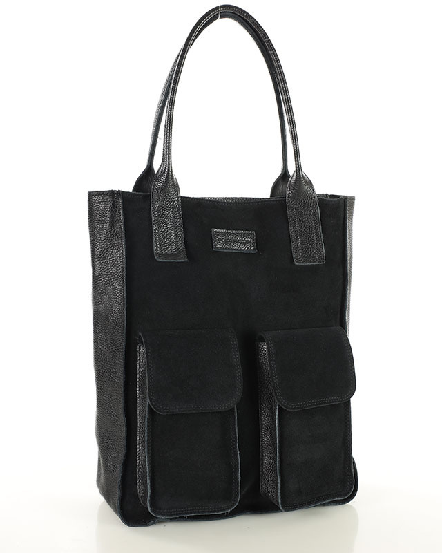 Torebka zamszowa shopper bag z kieszeniami skóra naturalna - MARCO MAZZINI czarny