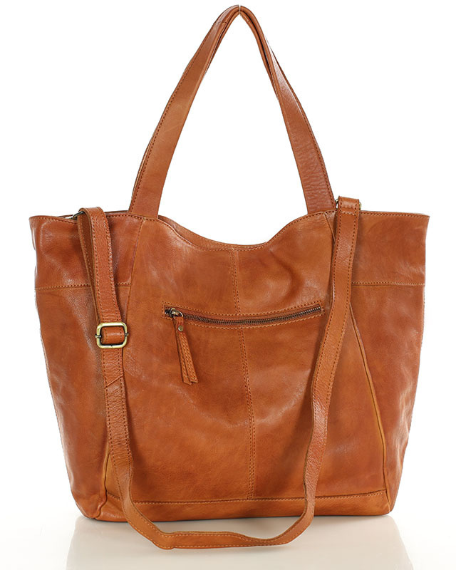 Duża skórzana torebka shopper z kieszenią - MARCO MAZZINI brąz kamelowy