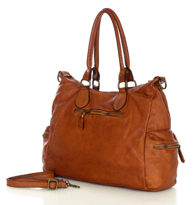 Pojemna torba damska na ramię z kieszeniami skóra naturalna - MARCO MAZZINI brąz camel