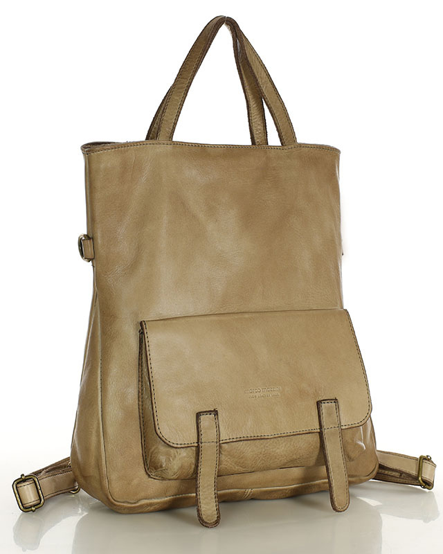 Skórzana torebka plecak z kieszenią z przodu - MARCO MAZZINI beż taupe