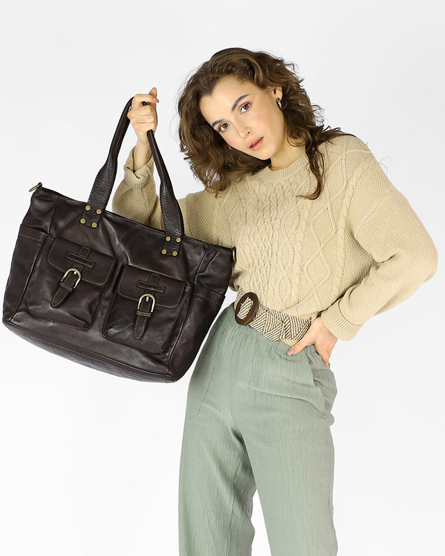 Torba skórzana shopper XL na ramię z dwoma kieszeniami MARCO MAZZINI ciemny brąz