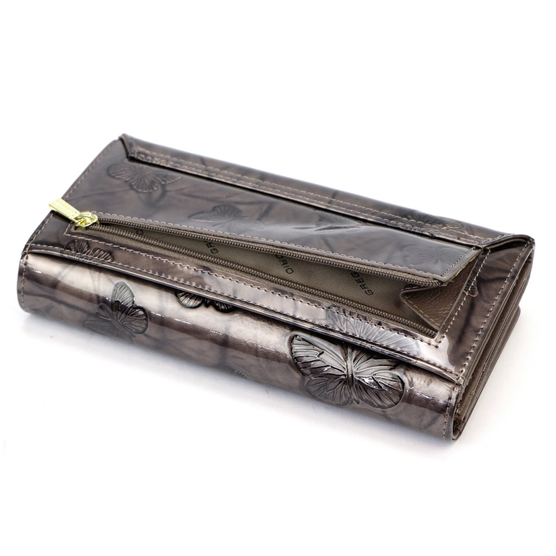 Gregorio damski portfel podłużny skóra naturalna wzór motyle lakierowana