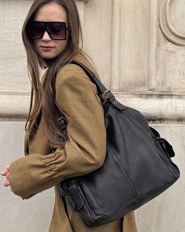 MARCO MAZZINI Miejska torba skórzana z regulowaną rączką old leather handmade czarna