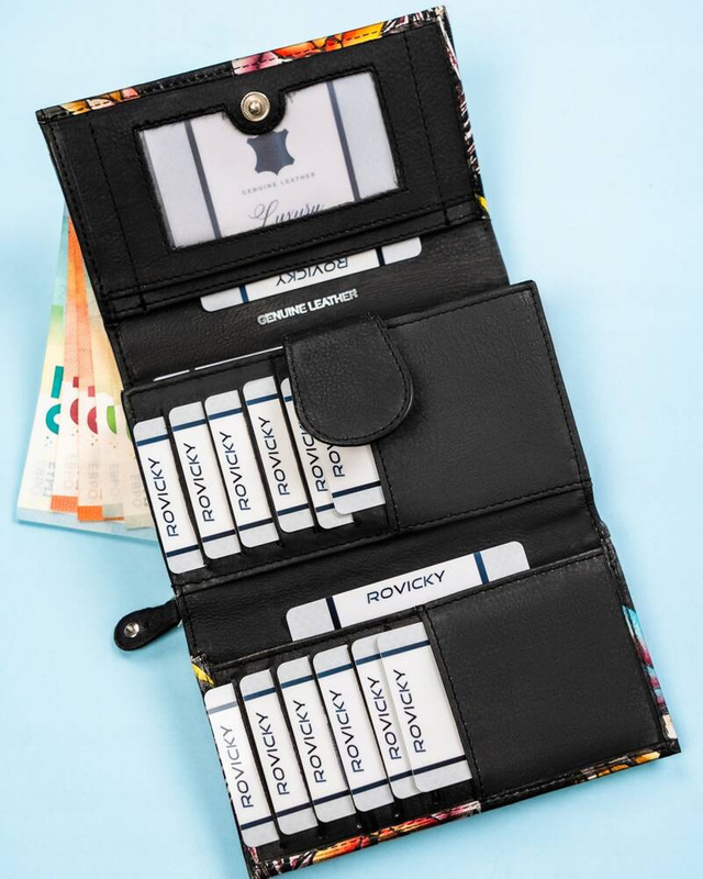 Rovicky Pojemny skórzany portfel damski na zatrzask roślinny wzór