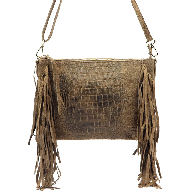 Vera Pelle skórzana damska listonoszka torebka przez ramię z frędzlami